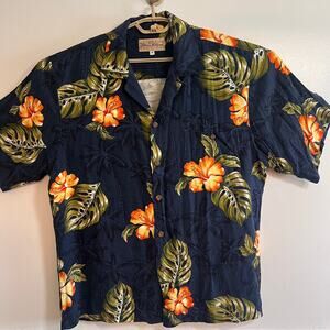 Blue Hawaii Hawaiian Islands Rayon Aloha Shirt Hibiscus Made in Hawaii M Vintage